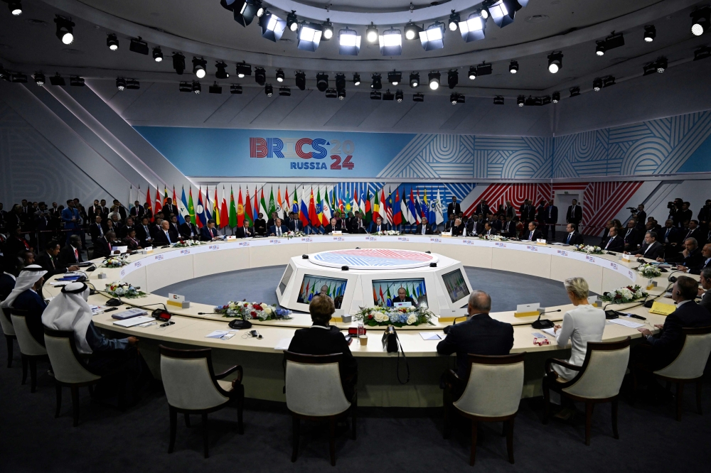 Russia's President Vladimir Putin gives a speech during the meeting of the BRICS summit in Kazan. — AFP 