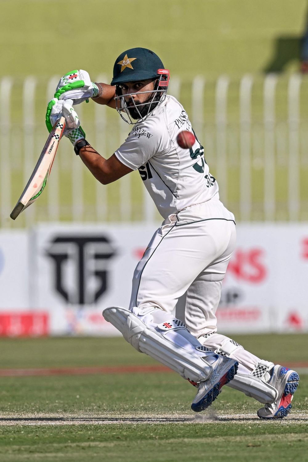 Pakistan's Saud Shakeel plays a shot during the second day of the third and final Test cricket match between Pakistan and England
