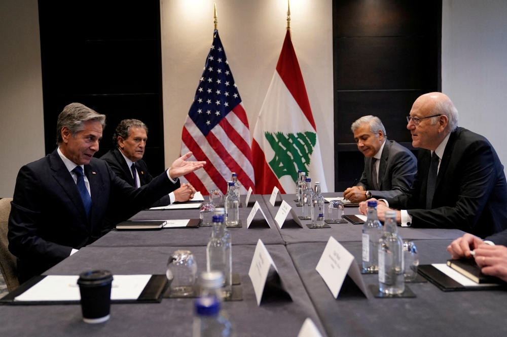 US Secretary of State Antony Blinken with Lebanese Caretaker Prime Minister Najib Azmi Mikati, as Rami Mortada, Lebanese Ambassador to Britain and US Special Envoy James Rubin attend in London 