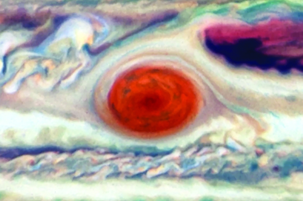An image recorded by the Hubble Space Telescope shows the Great Red Spot of Jupiter.