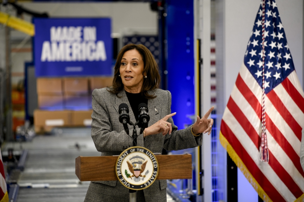 Vice President Kamala Harris, the Democratic presidential nominee, delivers remarks at the Hemlock Semiconductor factory in Thomas Township. — NYT