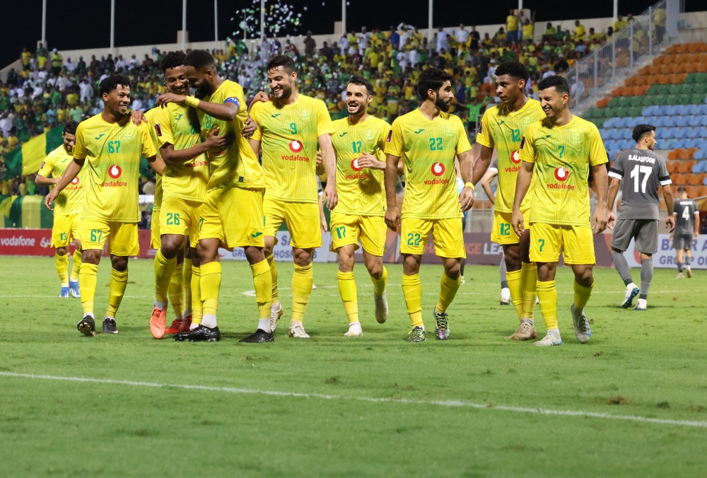 Seeb players celebrate a goal against Bahrain's Al Ahli. — Abdulwahid al Hamadani