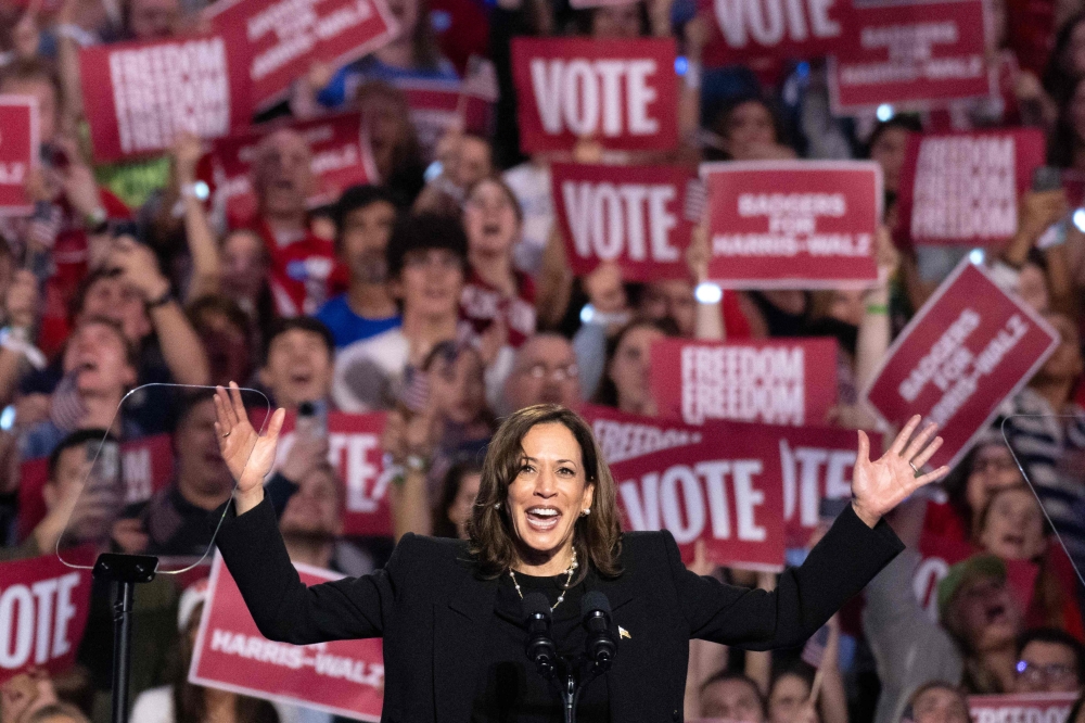 Kamala Harris speaks during a "When We Vote We Win" campaign rally at the Veterans Memorial Coliseum at Alliant Energy Center in Madison, Wisconsin on Thursday. — AFP 