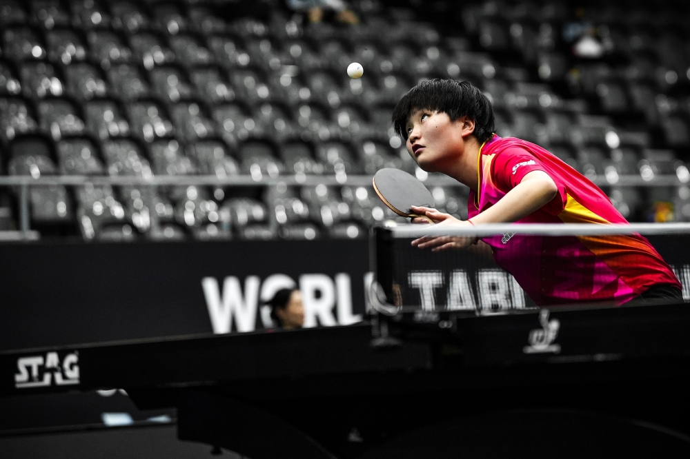 Zhu Sibing of China in action at the WTT Contender 2024 in Muscat.