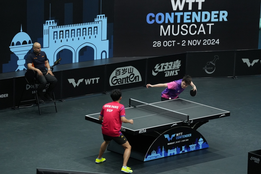 Chan Baldwin of China in action at the WTT Contender 2024 in Muscat.