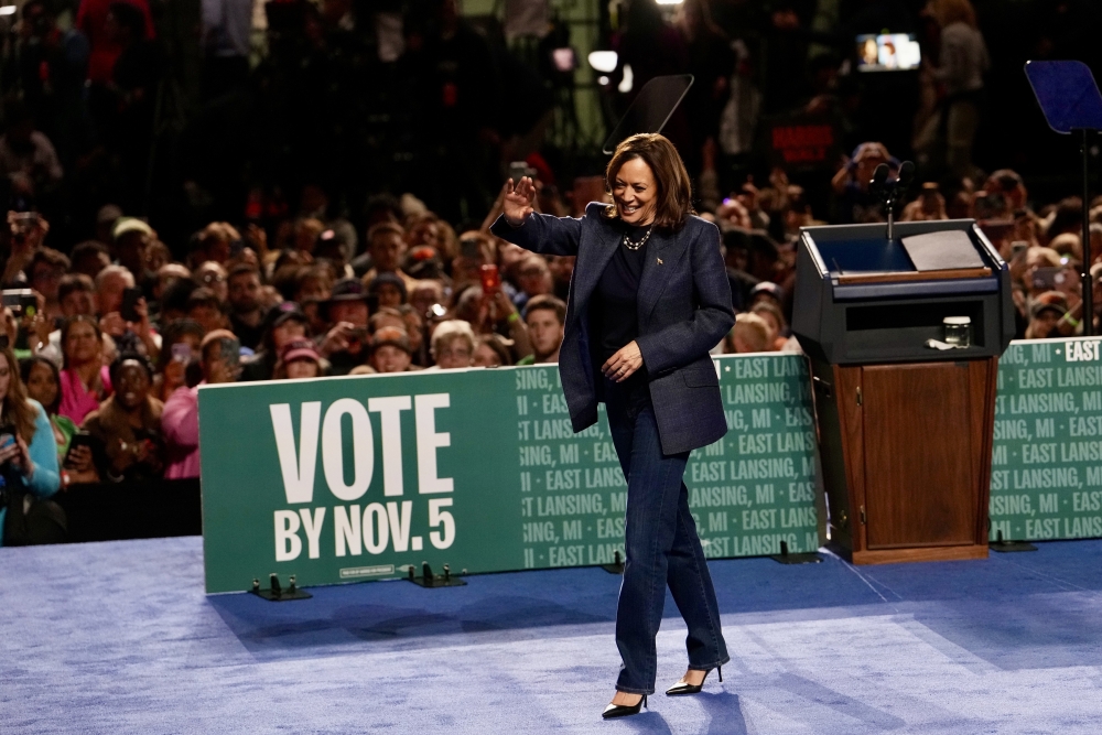 Vice President Kamala Harris on stage during a campaign rally at Jenison Field House in East Lansing. — NYT 