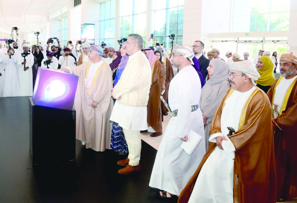 Dr Hilal bin Ali al Sabti, Minister of Health, at the Oman Convention and Exhibition Centre on Monday. Dr Musa al Maqrif, Minister of Education of Libya, was also present. 