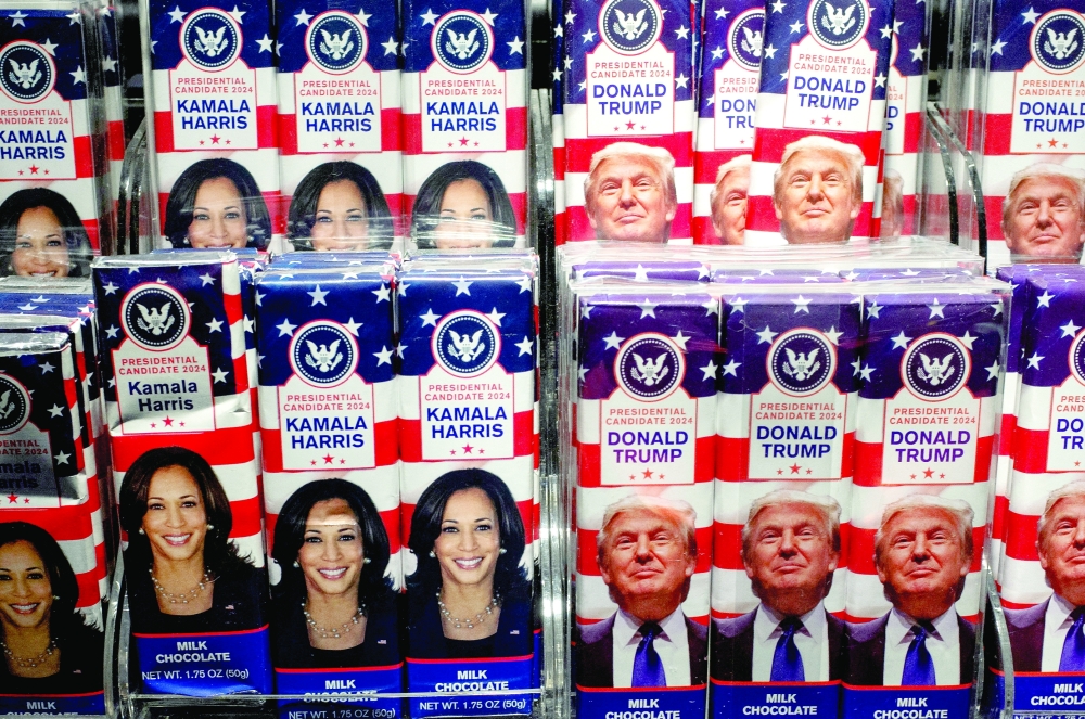 Chocolate bars with the faces of Democratic presidential nominee Vice-President Kamala Harris and Republican presidential nominee Donald Trump are displayed at a store in John F Kennedy International Airport, New York. — Reuters file photo