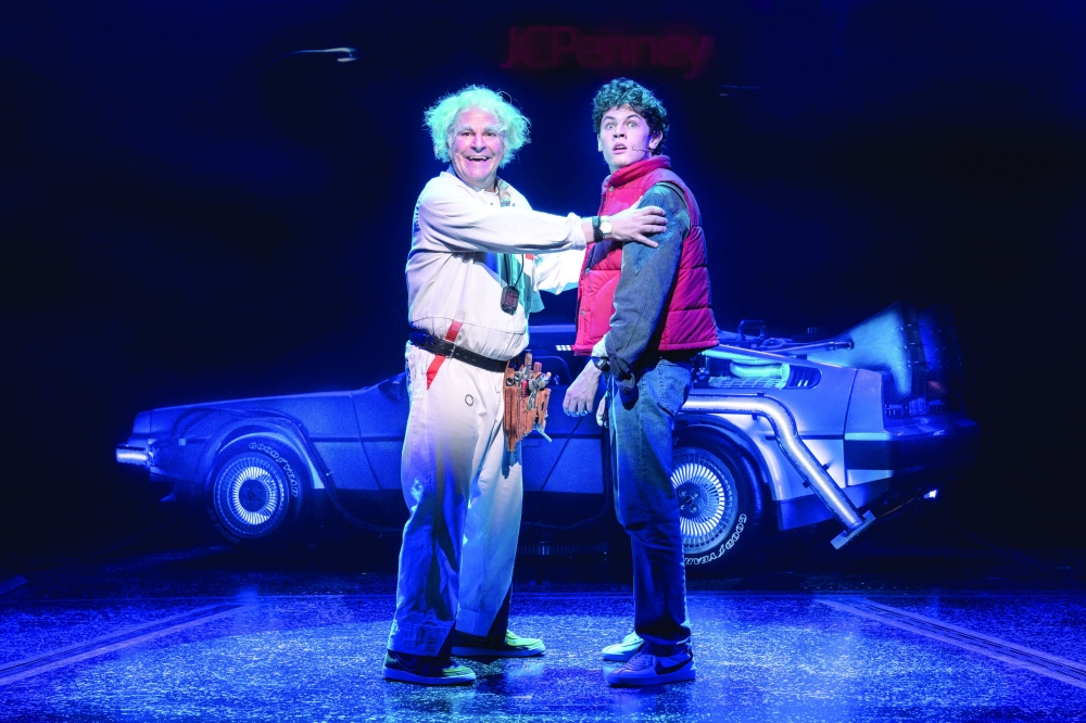 Roger Bart, left, and Casey Likes in the musical “Back to the Future,” at the Winter Garden Theater in Manhattan on June 30, 2023.