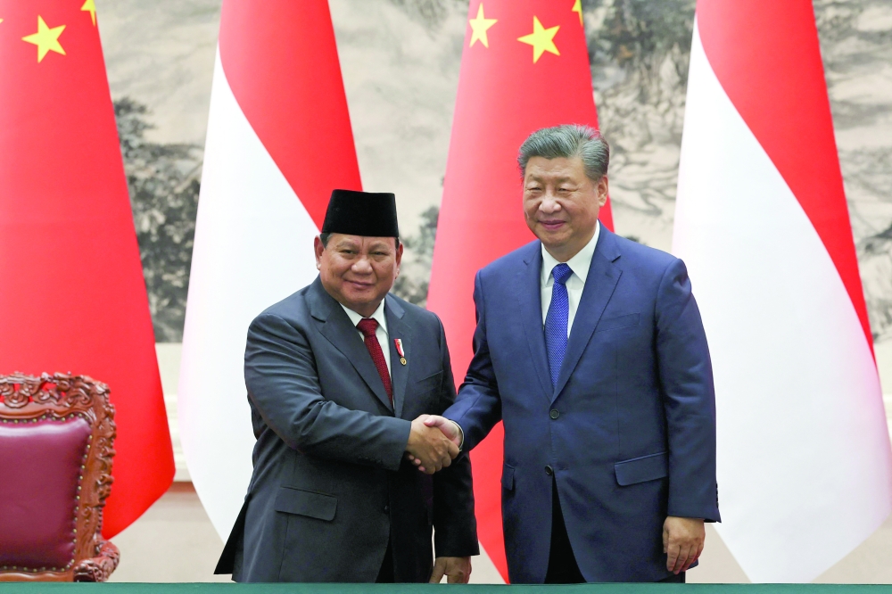 Chinese President Xi Jinping (R) and Indonesian President Prabowo Subianto shake hands during a signing ceremony at the Great Hall of the People in Beijing. — AFP