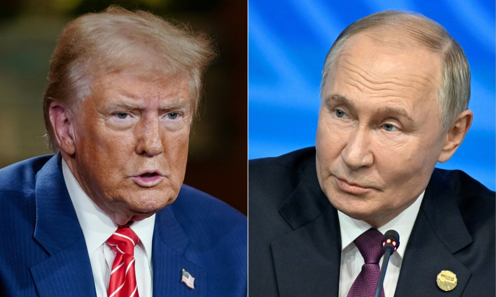 (FILES)  This combination of pictures created on November 7, 2024 shows former US President and Republican presidential candidate Donald Trump at a Fox News Town Hall in Cumming, Georgia, on October 15, 2024, and Russia's President Vladimir Putin speaking during the BRICS summit in Kazan on October 24, 2024.
 Trump has spoken to Putin and urged him not to escalate the war in Ukraine, the Washington Post reported on November 10, 2024. Trump spoke with Putin from his Mar-a-Lago estate in Florida on November 7, just days after his stunning election victory over Democratic rival Kamala Harris, the report said. - 
 (Photo by Elijah Nouvelage and Alexander NEMENOV / AFP)