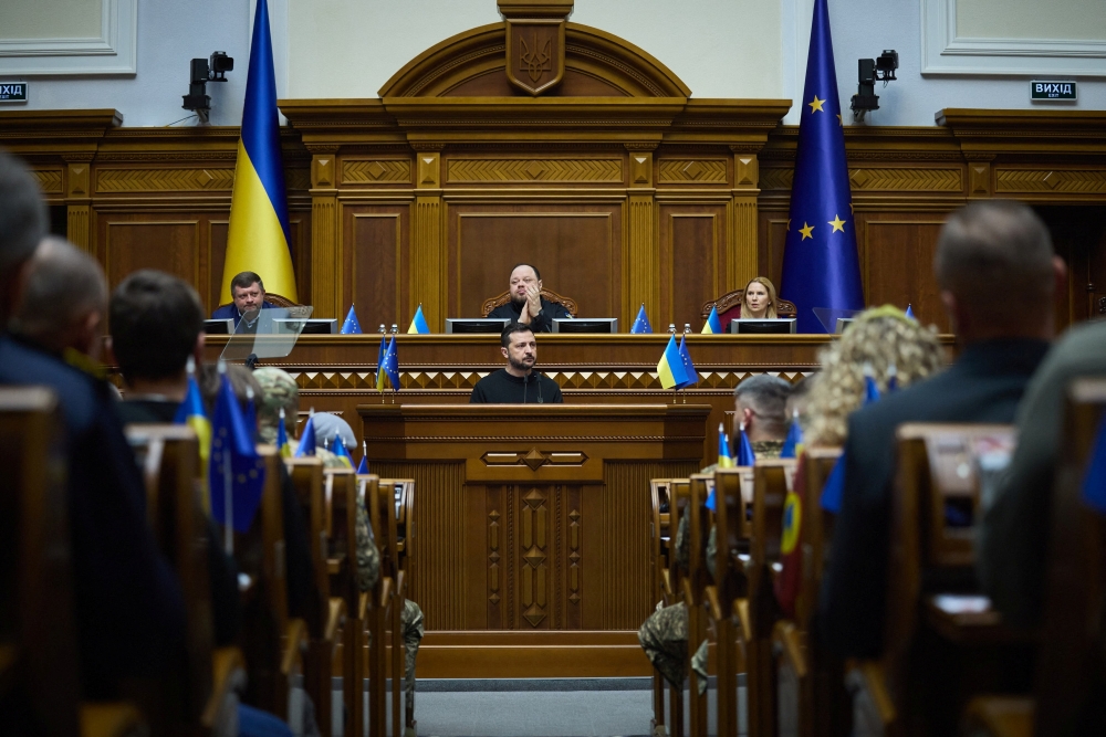 Ukraine's President Volodymyr Zelenskiy addresses lawmakers on the 1000th day of Russia's attack, during a parliament session in Kyiv. — Reuters 