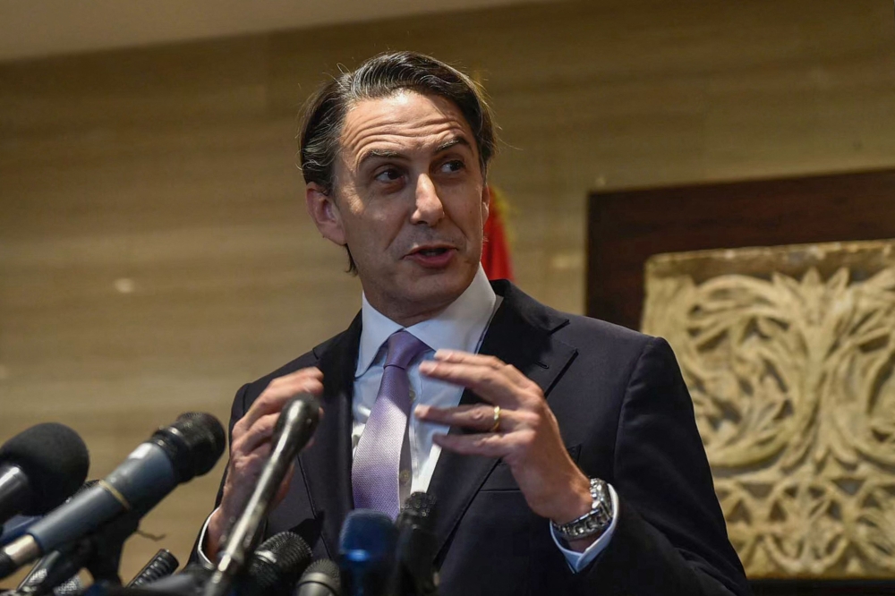 US special envoy Amos Hochstein talks to reporters following his meeting in Beirut on Wednesday. - AFP