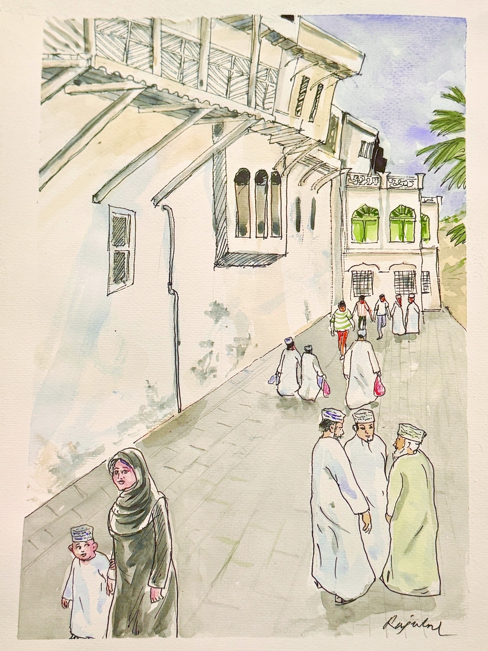 Pen and Wash work of Dr Rajulal Rafeek showing life in Muttrah