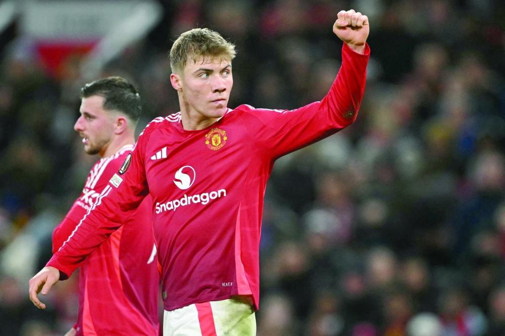 Rasmus Hojlund celebrates after scoring their second goal during the Uefa Europa League, League Phase football match between Manchester United and Bodoe/Glimt at Old Trafford stadium.
