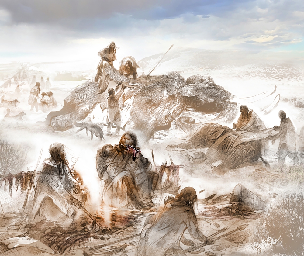 An artists impression of early North Americans eating mammoths 12,000 years ago. (Eric Carlson/Desert Archaeology, Inc.; Ben Potter/University of Alaska Fairbanks and Jim Chatters/McMaster University via The New York Times)