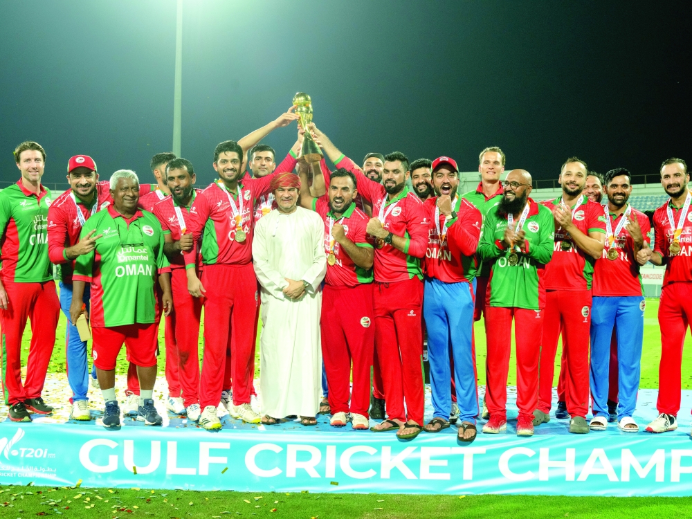 File photo of Oman with the 2023 Gulf Cup T20 trophy
