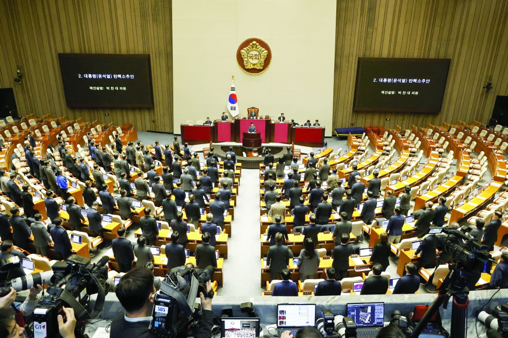 Lawmakers appear during the plenary session for the impeachment vote at the National Assembly in Seoul. — Reuters