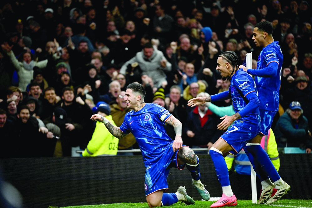 Enzo Fernandez celebrates scoring his third goal with Malo Gusto and Levi Colwill. — REUTERS
