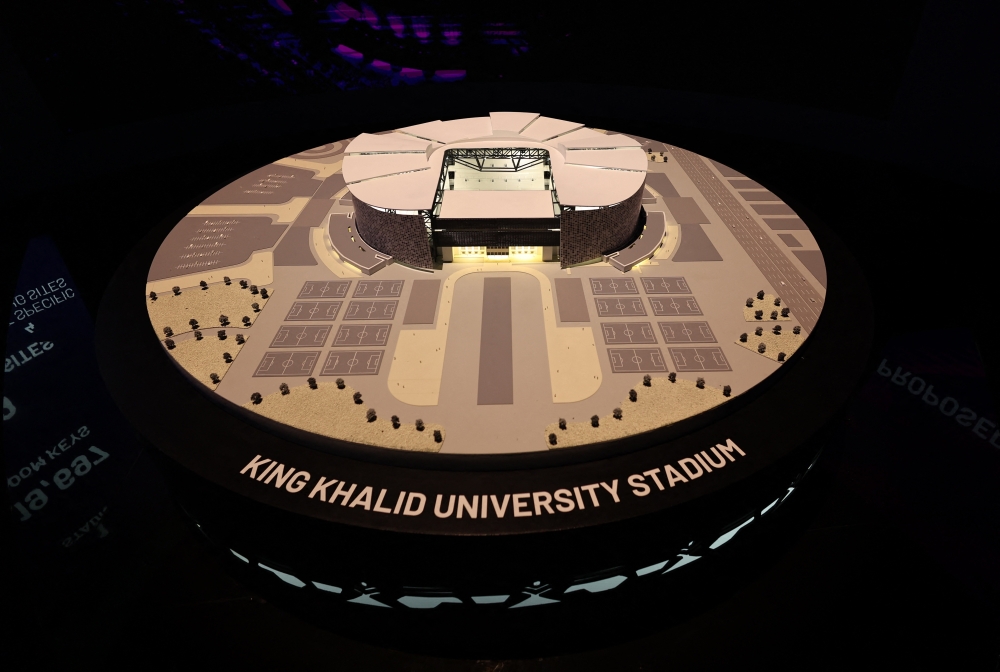 Soccer Football - FIFA expected to confirm Saudi Arabia as 2034 World Cup hosts - Riyadh, Saudi Arabia - December 11, 2024 A model of the proposed King Khalid University Stadium is seen inside the Saudi Arabia World Cup bid exhibition REUTERS/Hamad I Mohammed
