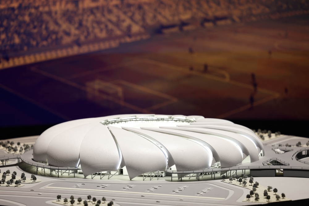 Soccer Football - FIFA expected to confirm Saudi Arabia as 2034 World Cup hosts - Riyadh, Saudi Arabia - December 11, 2024 A model of the proposed Aramco Stadium is seen inside the Saudi Arabia World Cup bid exhibition REUTERS/Hamad I Mohammed
