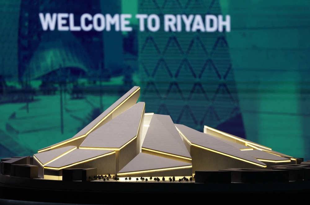 Soccer Football - FIFA expected to confirm Saudi Arabia as 2034 World Cup hosts - Riyadh, Saudi Arabia - December 11, 2024 A model of the proposed Roshn Stadium is seen inside the Saudi Arabia World Cup bid exhibition REUTERS/Hamad I Mohammed
