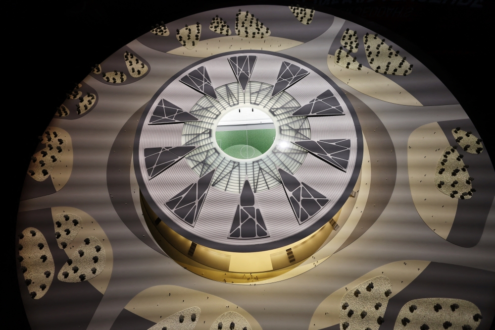 Soccer Football - FIFA expected to confirm Saudi Arabia as 2034 World Cup hosts - Riyadh, Saudi Arabia - December 11, 2024 A model of the proposed King Abdullah Economic City Stadium is seen inside the Saudi Arabia World Cup bid exhibition REUTERS/Hamad I Mohammed
