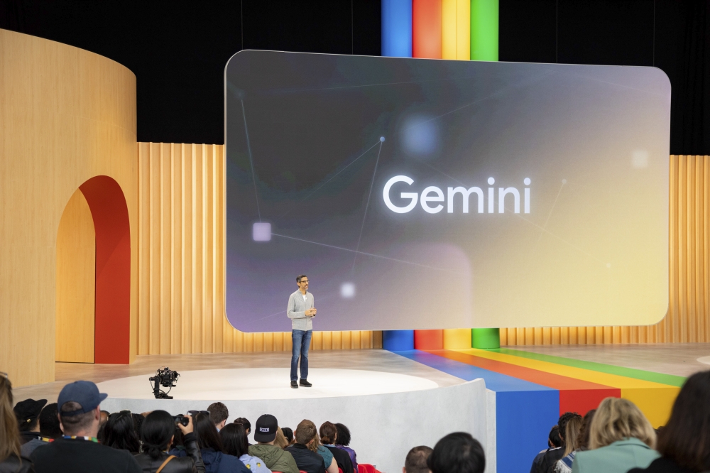 Sundar Pichai, Google’s chief executive, talks about Gemini at the Google I/O event in Mountain View, Calif., May 10, 2023. (Jason Henry/The New York Times) 
