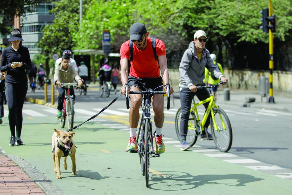 A cyclist rides with his dog on a bike path during a weekly car-free day in Bogota. — AFP