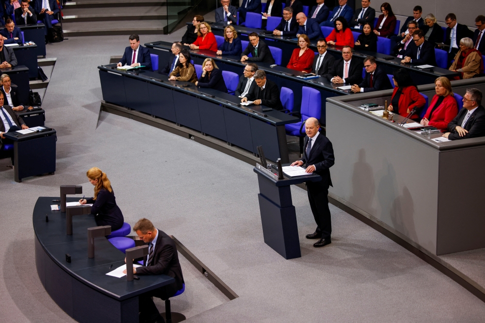 German Chancellor Olaf Scholz speaks at lower house of parliament Bundestag in Berlin, Germany. — Reuters 