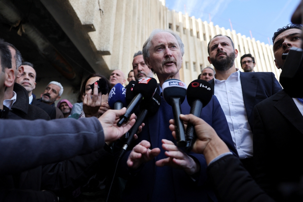 Geir Pedersen, UN Special envoy to Syria, speaks to the members of the media during his visit to Sednaya prison, Syria. — Reuters 