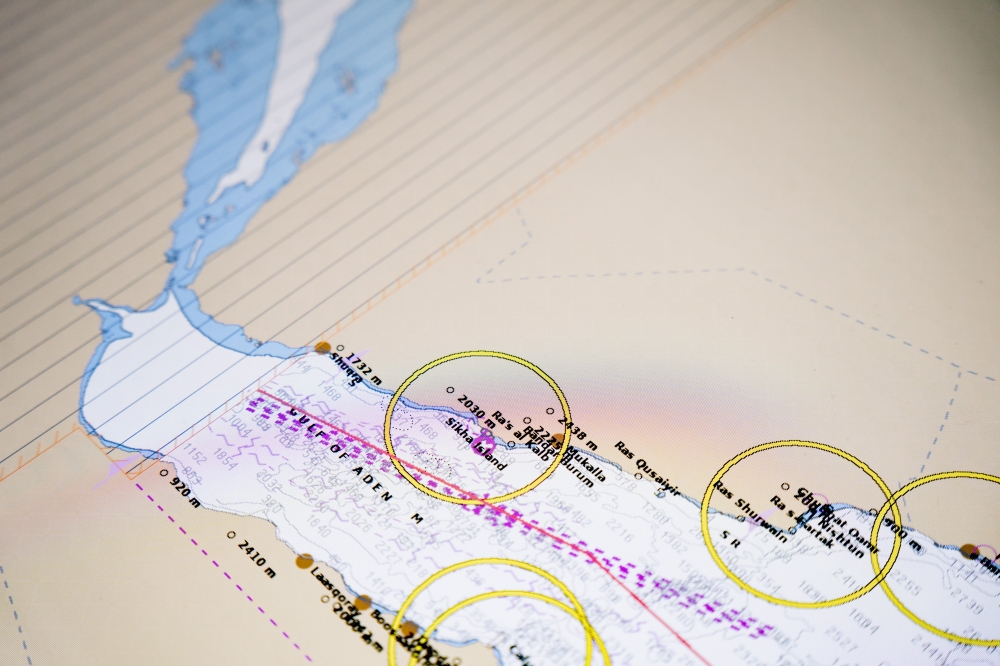 A map shows the Gulf of Aden between Yemen and Somalia on the Hanoi Express, a freighter docked in Hamburg, Germany, on Nov. 10, 2024. (Patrick Junker/The New York Times)