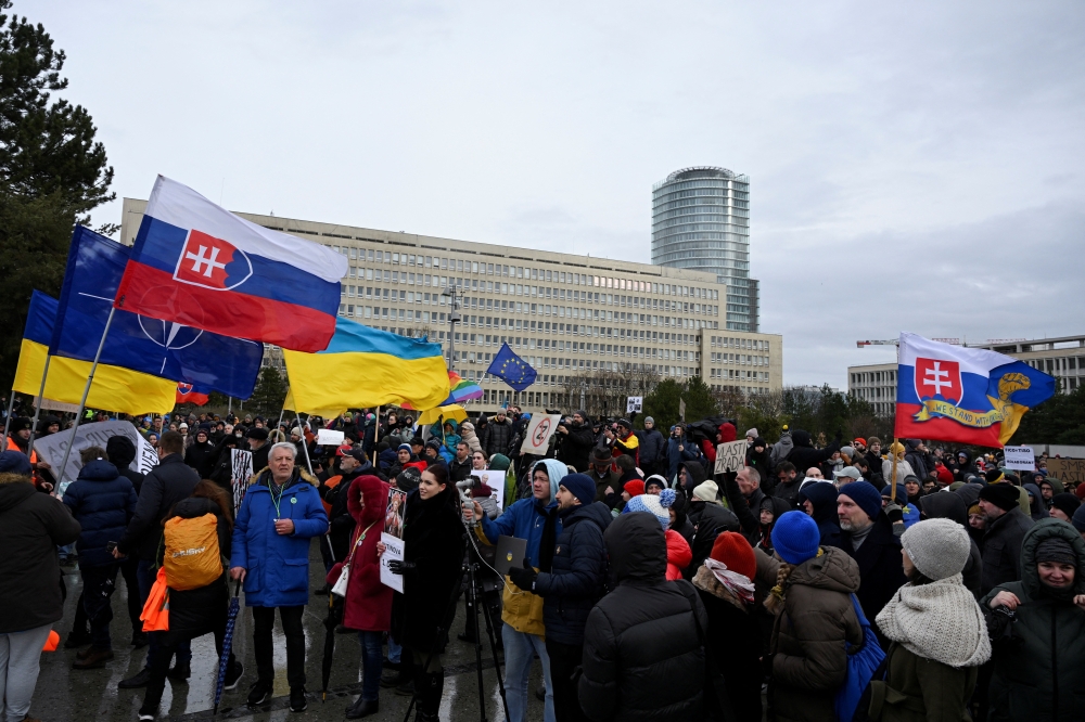 Demonstrators attend an anti-government protest, after Slovak Prime Minister Robert Fico met with Russian President Vladimir Putin in Moscow, in Bratislava, Slovakia. — Reuters 