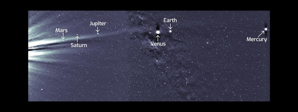 An undated photo provided by NASA/Johns Hopkins APL/Naval Research Laboratory/Guillermo Stenborg and Brendan Gallagher shows a family portrait of Mercury, Venus, Earth, Mars, Jupiter, and Saturn captured on June 7, 2020. (NASA/Johns Hopkins APL/Naval Research Laboratory/Guillermo Stenborg and Brendan Gallagher  via The New York Times)