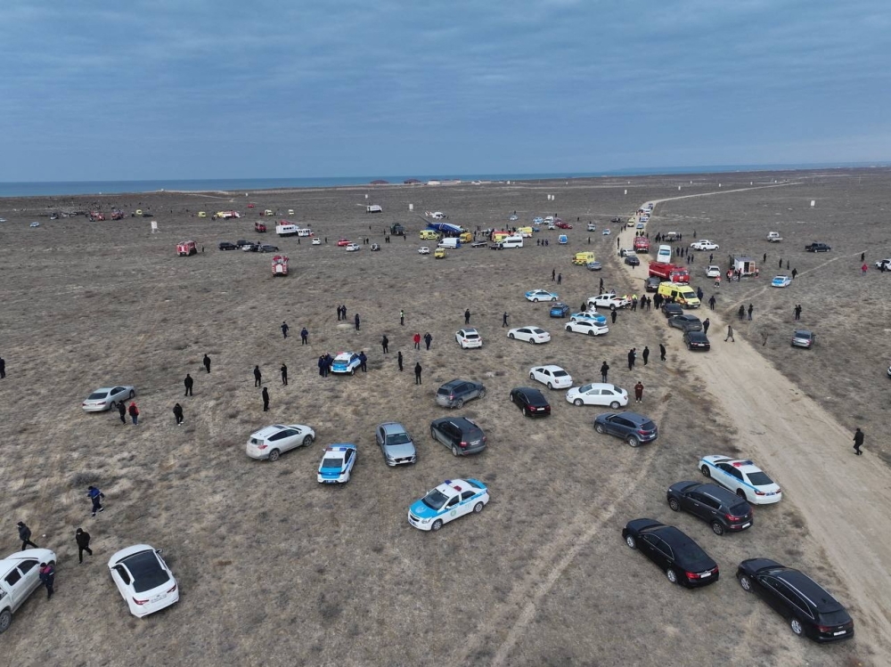 A drone view shows the crash site of an Azerbaijan Airlines passenger plane near the city of Aktau, Kazakhstan