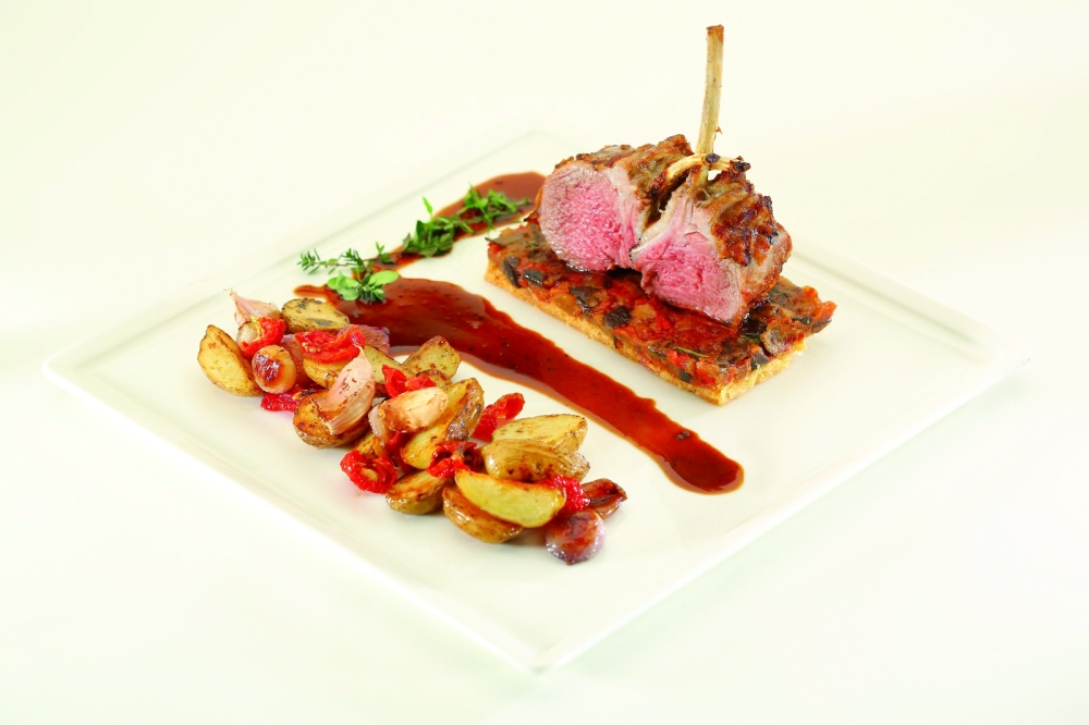 Lamb rack, eggplant mussakka and potato harrah