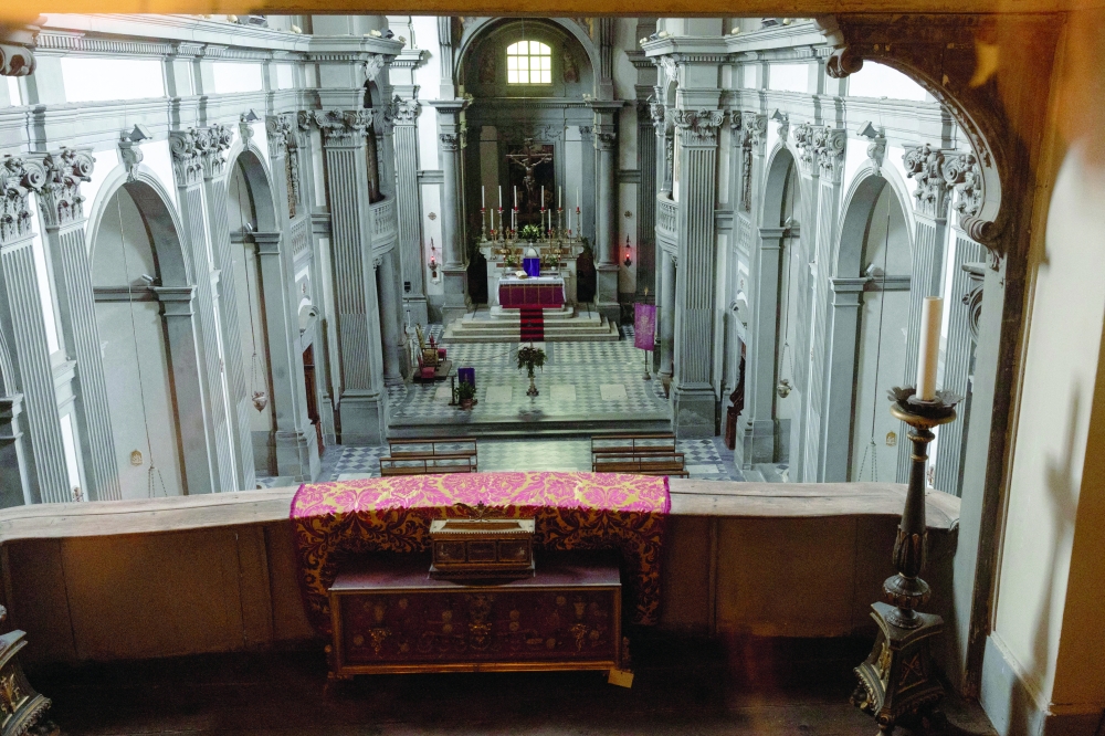 The Church of Santa Felicita is seen from the balcony used by the noble Medici family, who used the Vasari Corridor, a Renaissance-era passageway built by Giorgio Vasari, to gain private access to the Florentine church, Italy, December 19, 2024. 