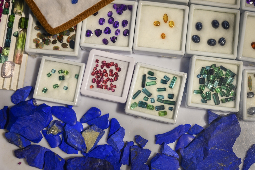 Emeralds and other gemstones in a shop in downtown Kabul, the capital of Afghanistan, on Nov. 21, 2024. (Elise Blanchard/The New York Times)