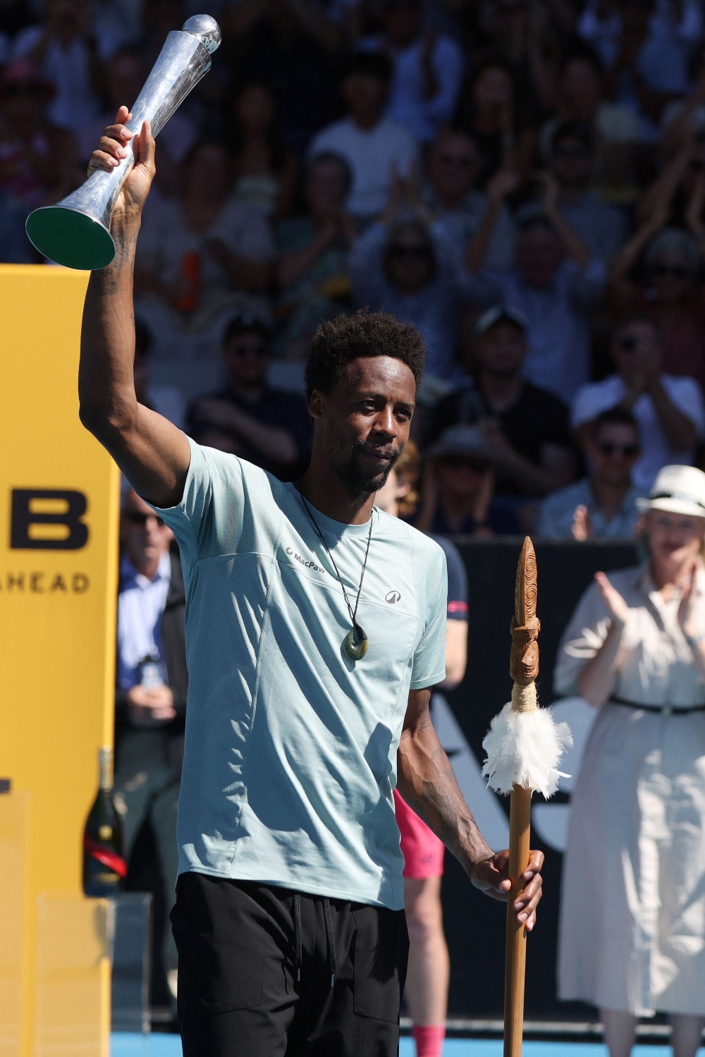 Gael Monfils of France poses with the trophy at the ATP Auckland Classic 