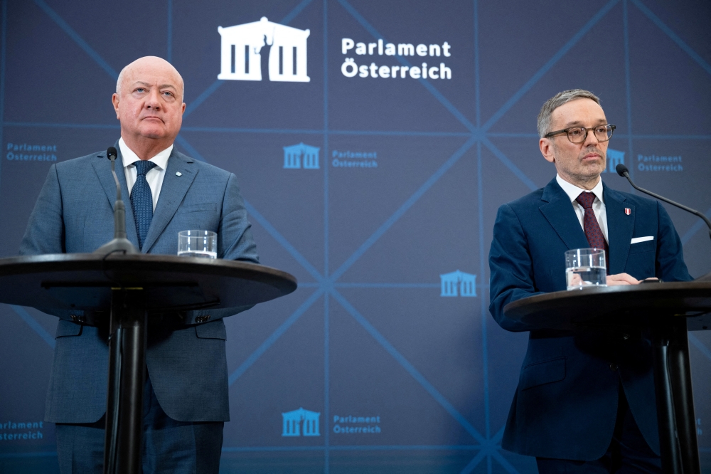 Head of Austria's Freedom Party (FPOe) Herbert Kickl and the head of People's Party (OeVP) Christian Stocker address the media in Vienna. — Reuters 