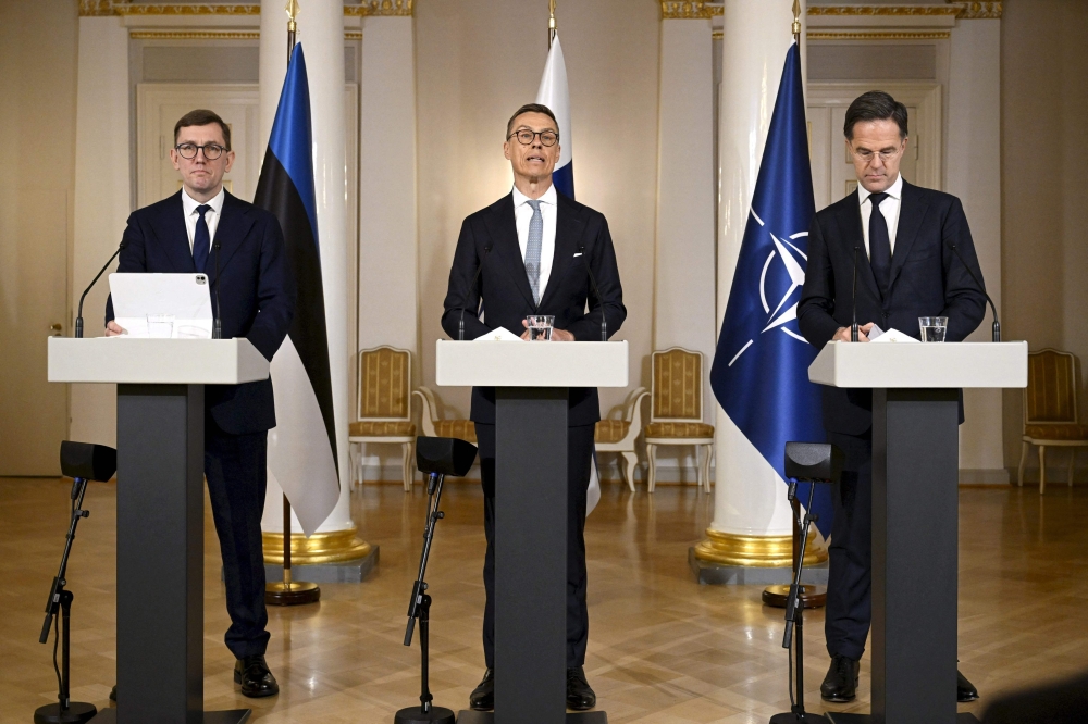 (L-R) Estonian Prime Minister Kristen Michal, Finnish President Alexander Stubb and Nato Secretary General Mark Rutte hold a joint press conference at the Presidential Palace in Helsinki, Finland. — AFP 
