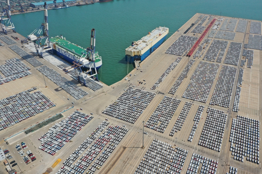 An aerial view shows cars for export at a port in Yantai, Shandong province, China 