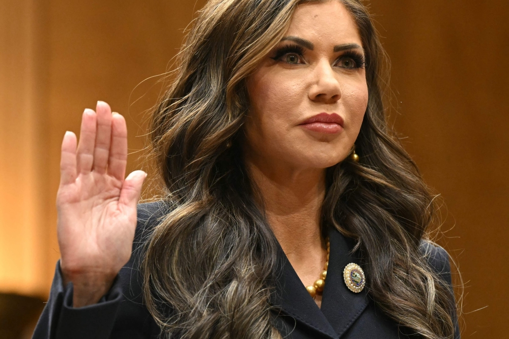 South Dakota Governor Kristi Noem is sworn in during a Senate Homeland Security and Governmental Affairs Committee hearing on her nomination to be Secretary of Homeland Security in Washington, DC