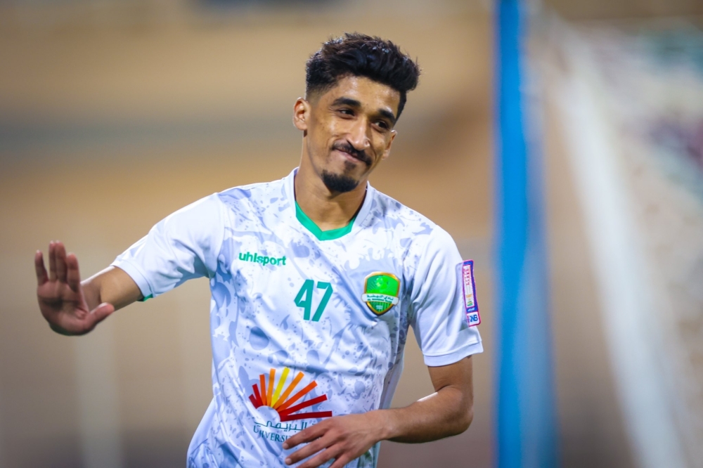 Al Nahda's Ahmed al Kaabi celebrates after scoring the winner.