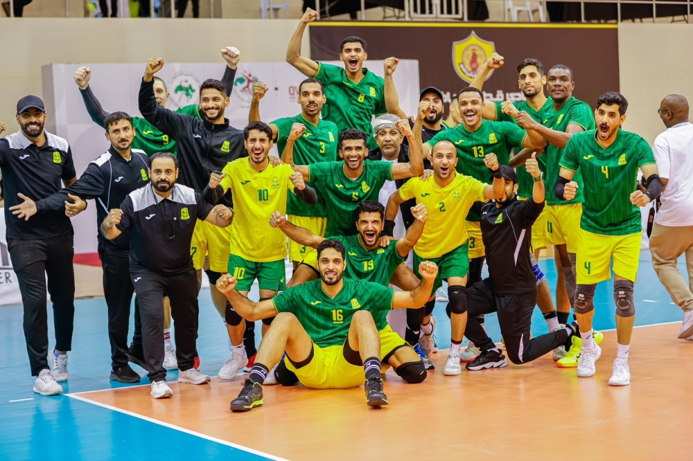 Seeb players celebrate after beating Qatar Club in the quarterfinal of Arab Volleyball Championship in Doha.