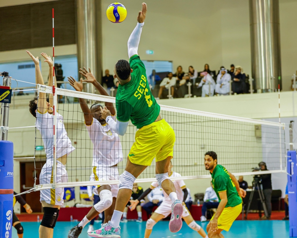 Seeb and Qatar Club players in action during the quarterfinal of Arab Volleyball Championship.
