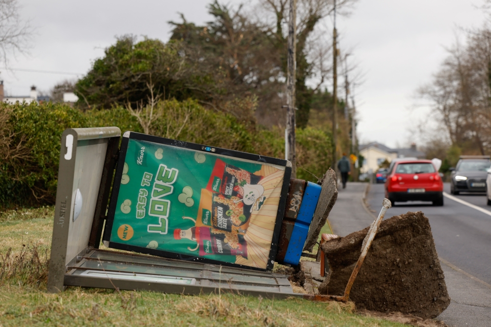 A bus stop is destroyed due to Storm Eowyn, a status red alert extreme weather warning according to the Irish meteorological service