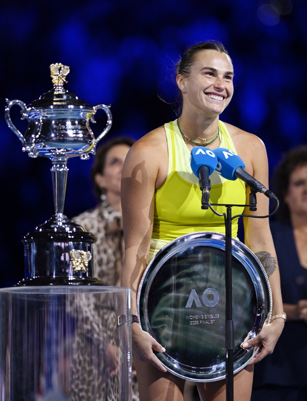 Belarus' Aryna Sabalenka holds the runner up trophy after losing the final against Madison Keys of the US. — Reuters