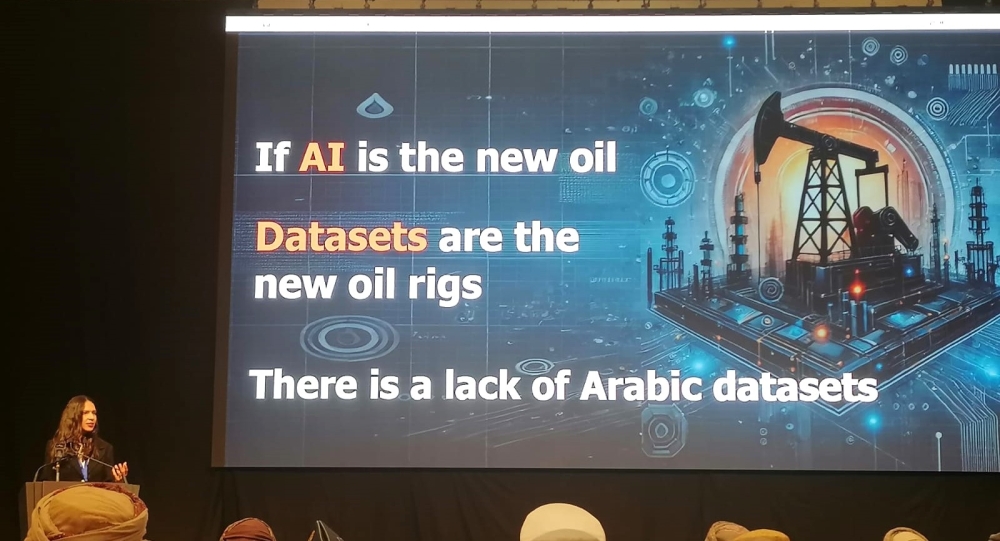 Nour Taher, Founder and CEO of Intella, speaks during the Oman AI Summit being held at the OCEC.