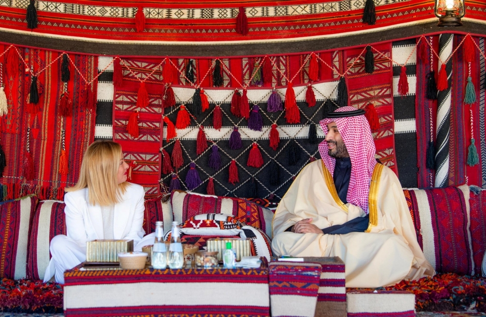 Saudi Arabian Crown Prince Mohammed bin Salman Al Saud meets with Italy's Prime Minister Giorgia Meloni in AlUla, Saudi Arabia January 26, 2025.     Saudi Press Agency/Handout via REUTERS    THIS IMAGE HAS BEEN SUPPLIED BY A THIRD PARTY